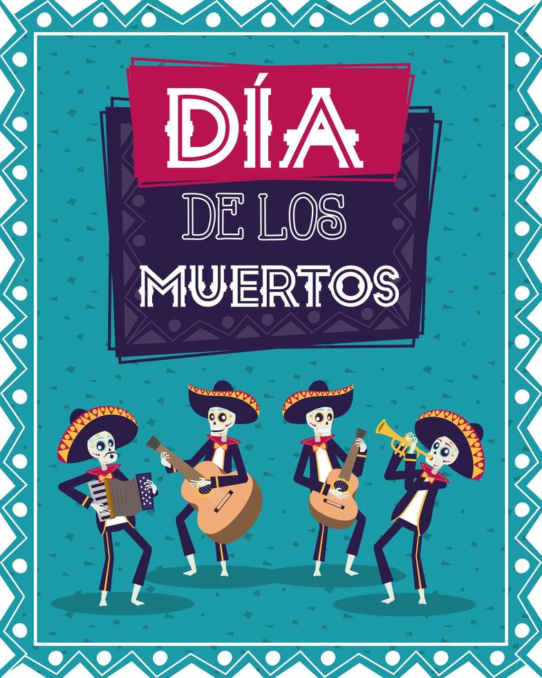 Dia de los Muertos Karte mit Mariachis Schädeln spielen Instrumente vektor