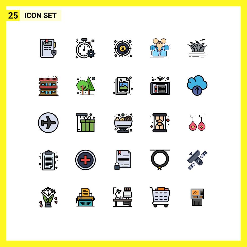Packung mit 25 modernen, gefüllten flachen Farbzeichen und Symbolen für Web-Printmedien wie Gruppengeschäftsanalyse Teamarbeit Geld editierbare Vektordesign-Elemente vektor