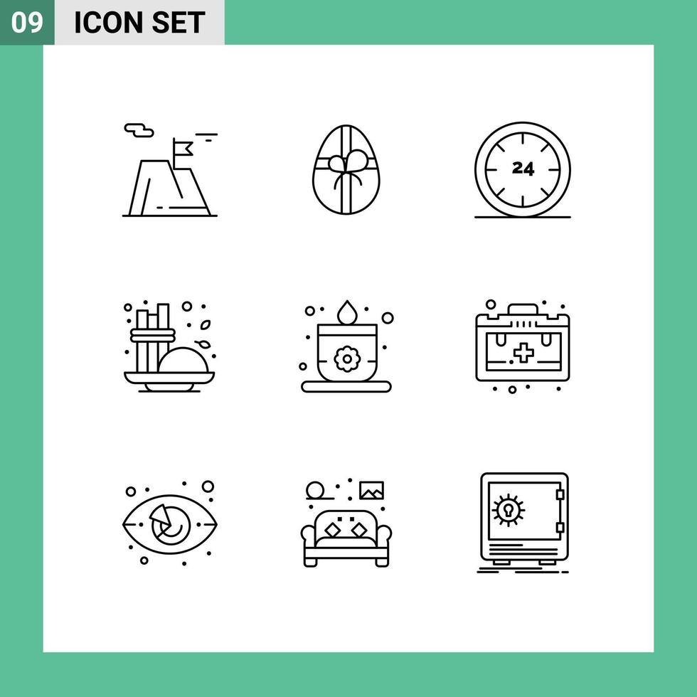 Stock Vector Icon Pack mit 9 Zeilenzeichen und Symbolen für Kerzengewürz und Kaffeenacht editierbare Vektordesign-Elemente