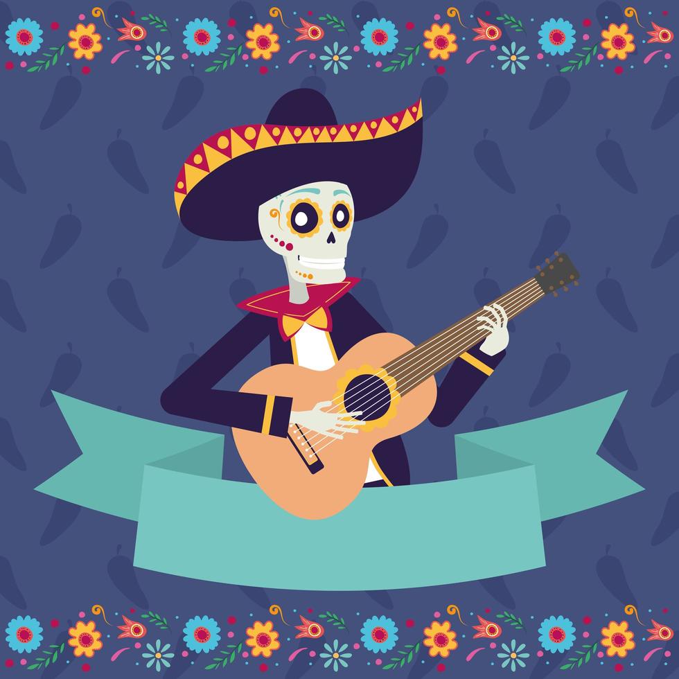 dia de los muertos-kort med mariachi-skalle vektor