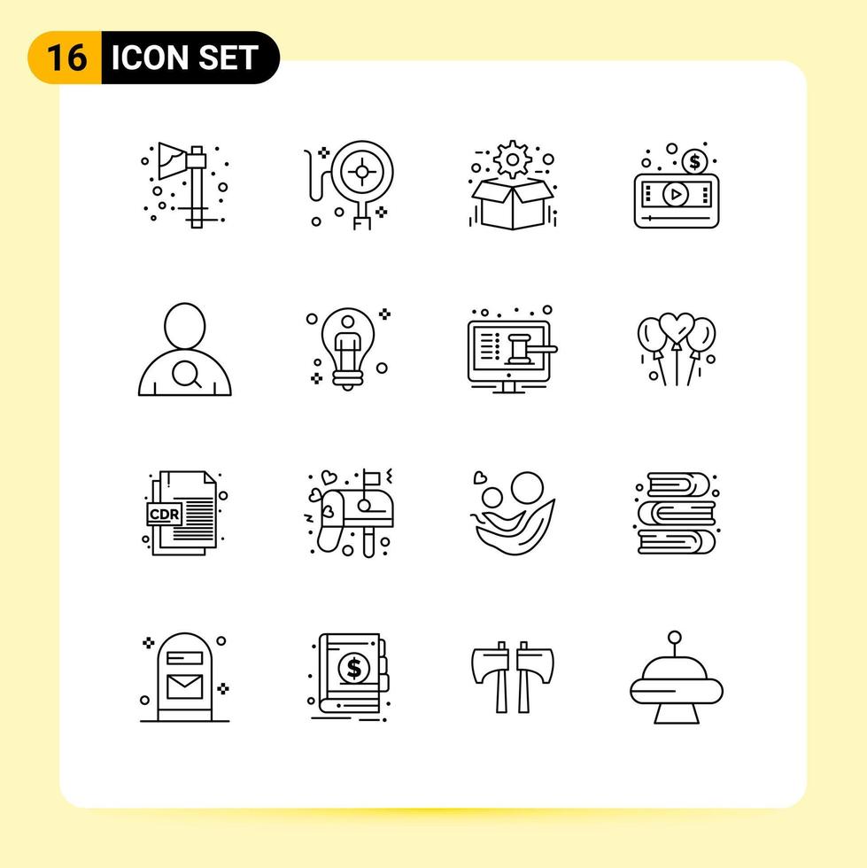 Piktogramm-Set mit 16 einfachen Umrissen von bearbeitbaren Vektordesign-Elementen für Mitarbeiter-Player-Ausrüstung Media-Player-Geld vektor