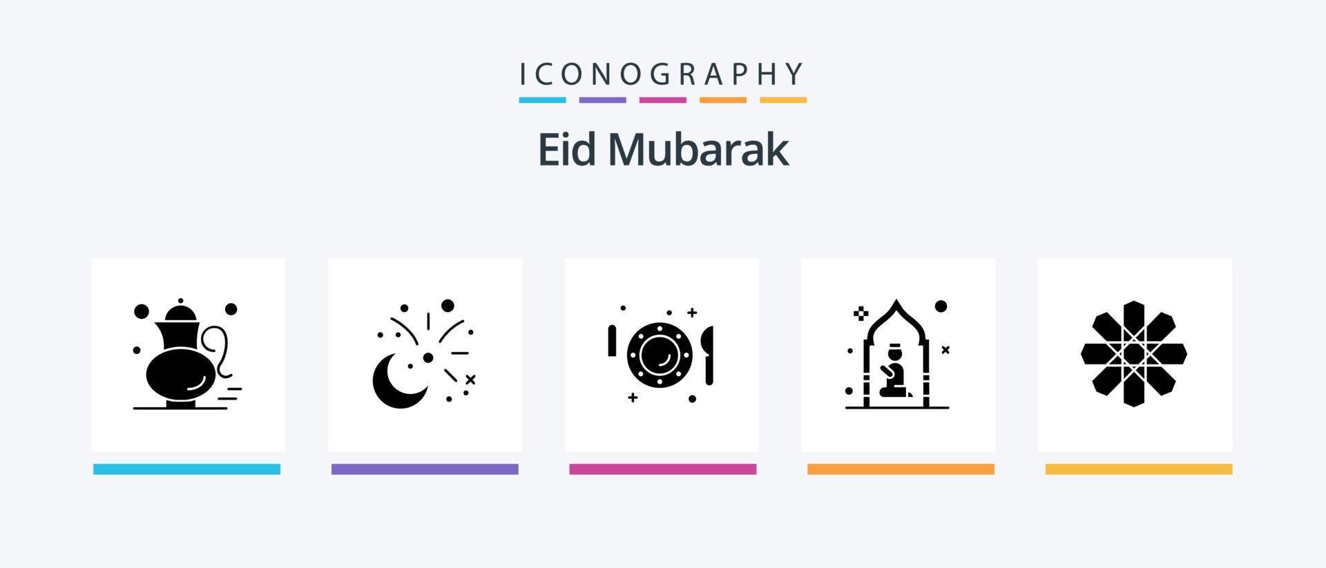 Eid Mubarak Glyphe 5 Icon Pack inklusive Beten. Moschee. Dekoration. Gabel. Abendessen. kreatives Symboldesign vektor