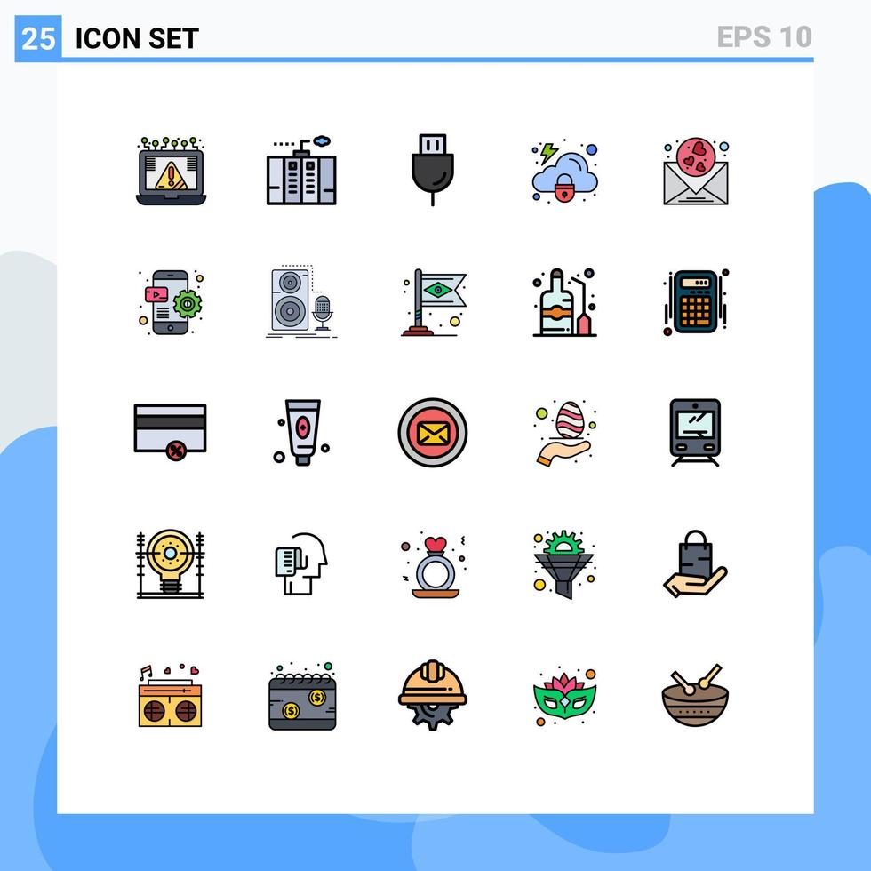 redigerbar vektor linje packa av 25 enkel fylld linje platt färger av skydd moln generator teknologi plugg redigerbar vektor design element