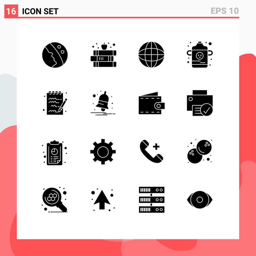 16 solides Glyphenkonzept für mobile Websites und Apps Glocke Notiz Globus Dokument Flasche editierbare Vektordesign-Elemente vektor