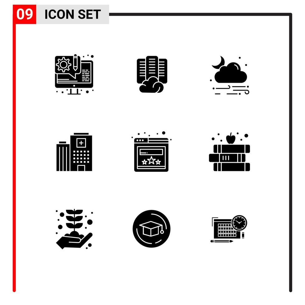 användare gränssnitt packa av 9 grundläggande fast glyfer av betyg vård vind byggnad sjukhus redigerbar vektor design element