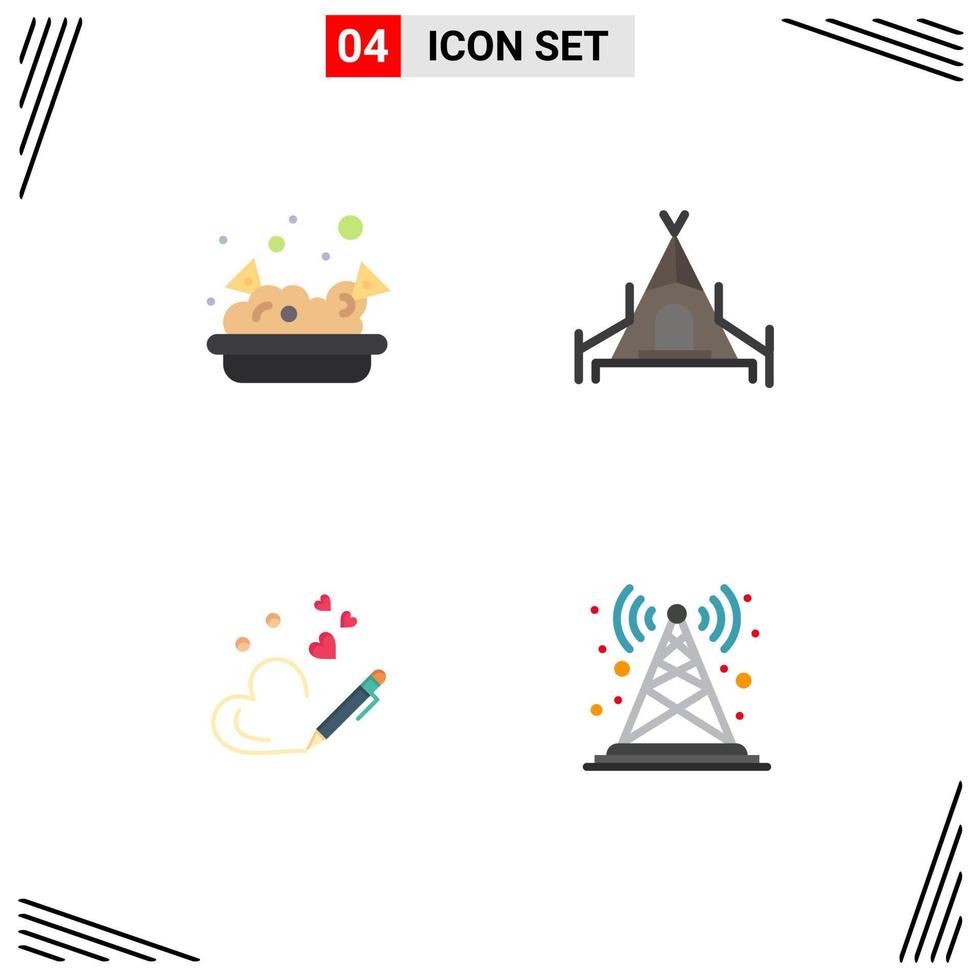 moderner Satz von 4 flachen Symbolen und Symbolen wie Essen, Hochzeit, Camping, Stift, Signal, bearbeitbare Vektordesign-Elemente vektor