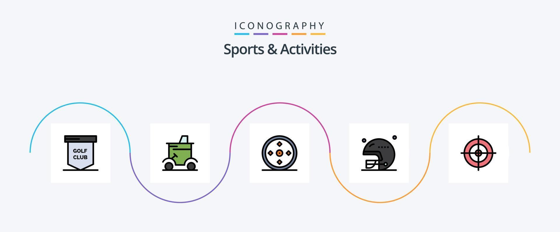 sporter och aktiviteter linje fylld platt 5 ikon packa Inklusive sporter. hjälm. golf vagn. fotboll. sporter vektor