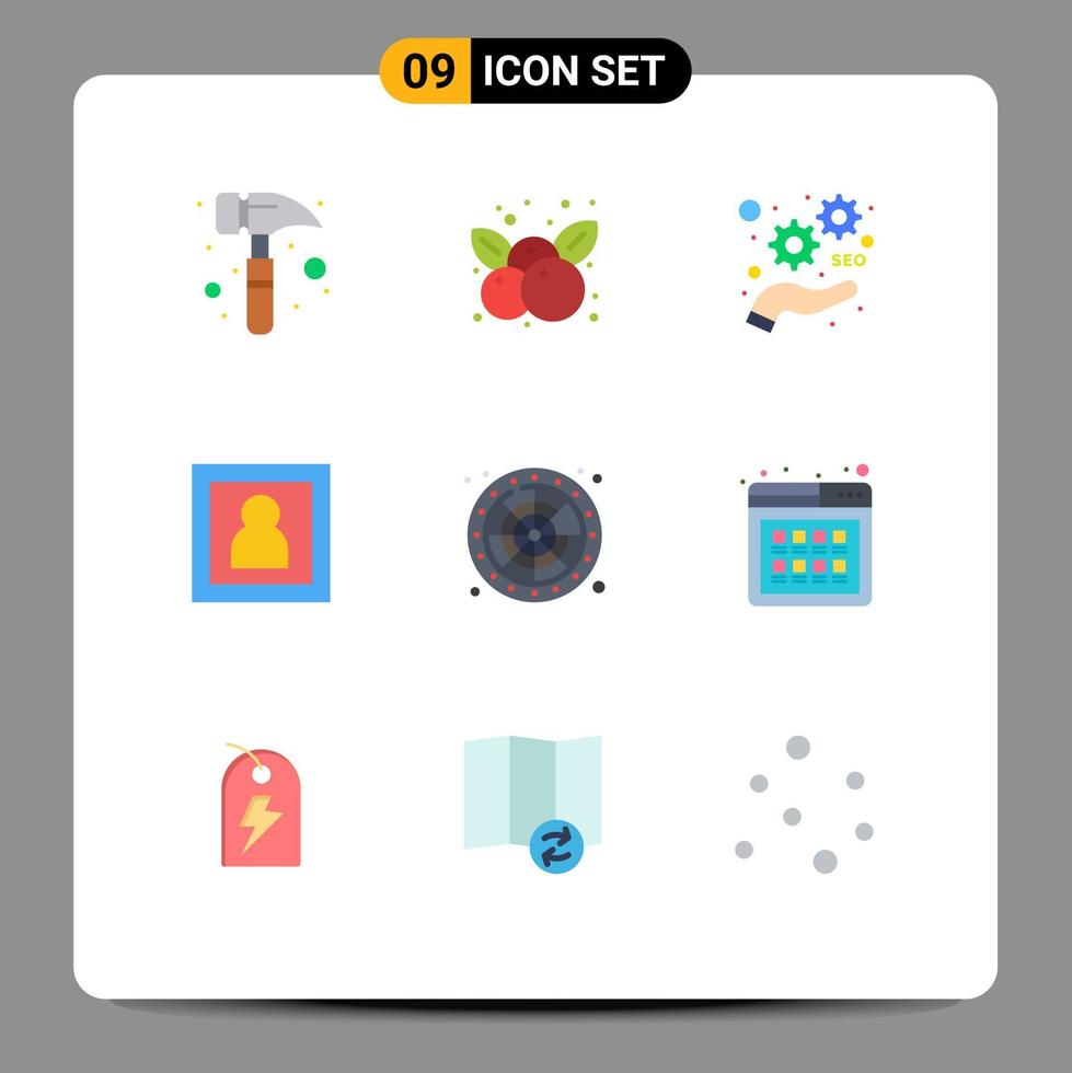 Piktogrammsatz von 9 einfachen flachen Farben des glücklichen Marketingporträtfotografen des Spiels bearbeitbare Vektorgestaltungselemente vektor