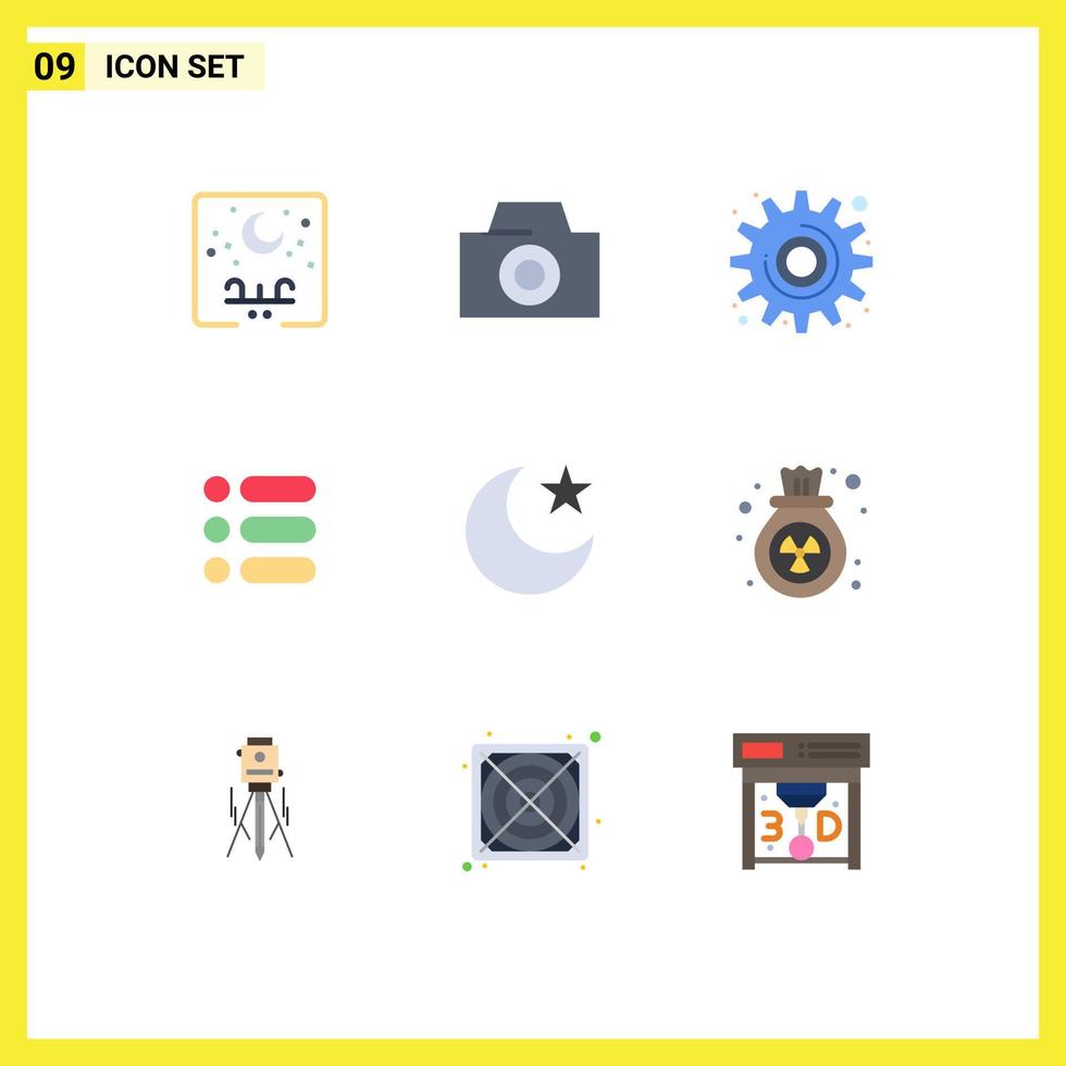 moderner Satz von 9 flachen Farben Piktogramm der Nachtmondausrüstung Schreibaufgabe editierbare Vektordesign-Elemente vektor