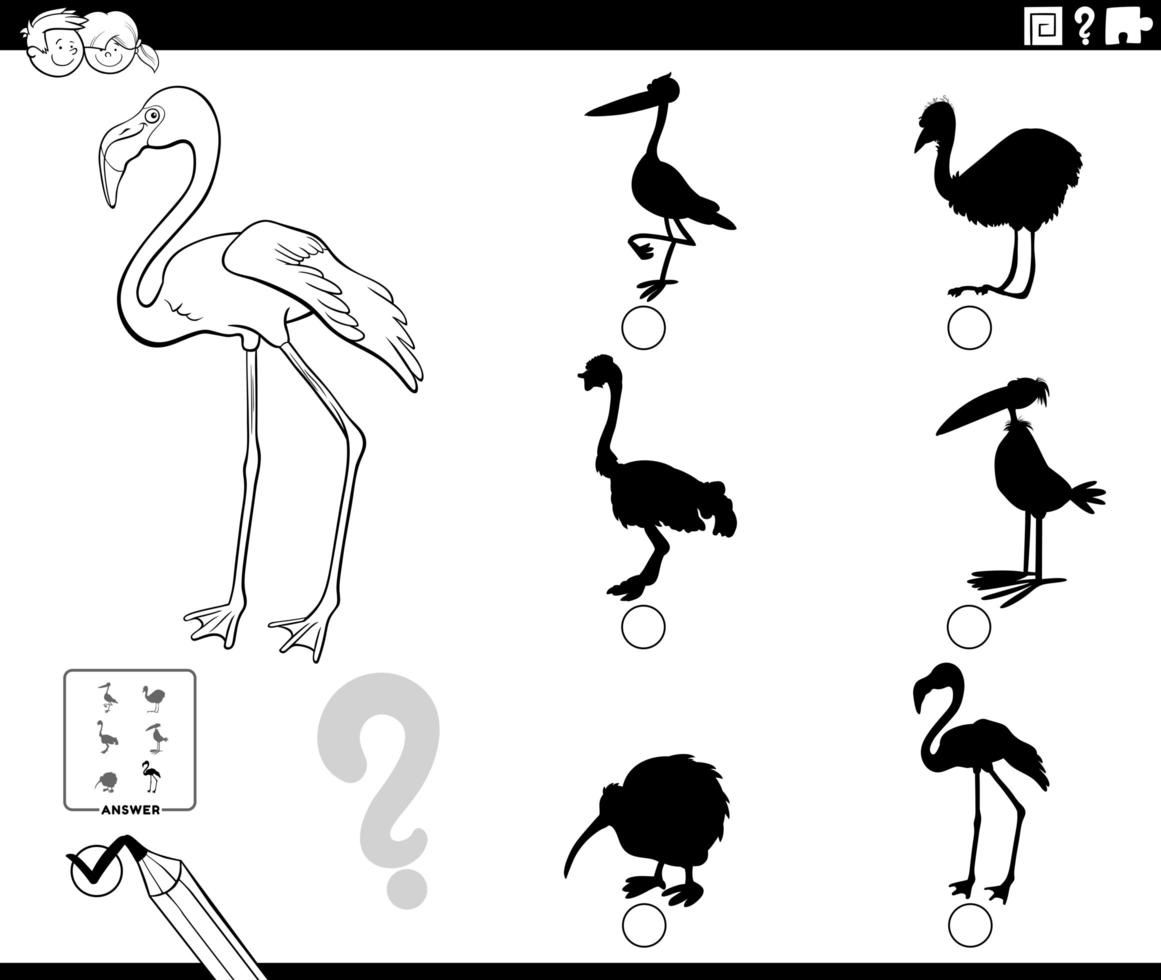 Schattenspiel mit Flamingo Charakter Malbuch Seite. vektor