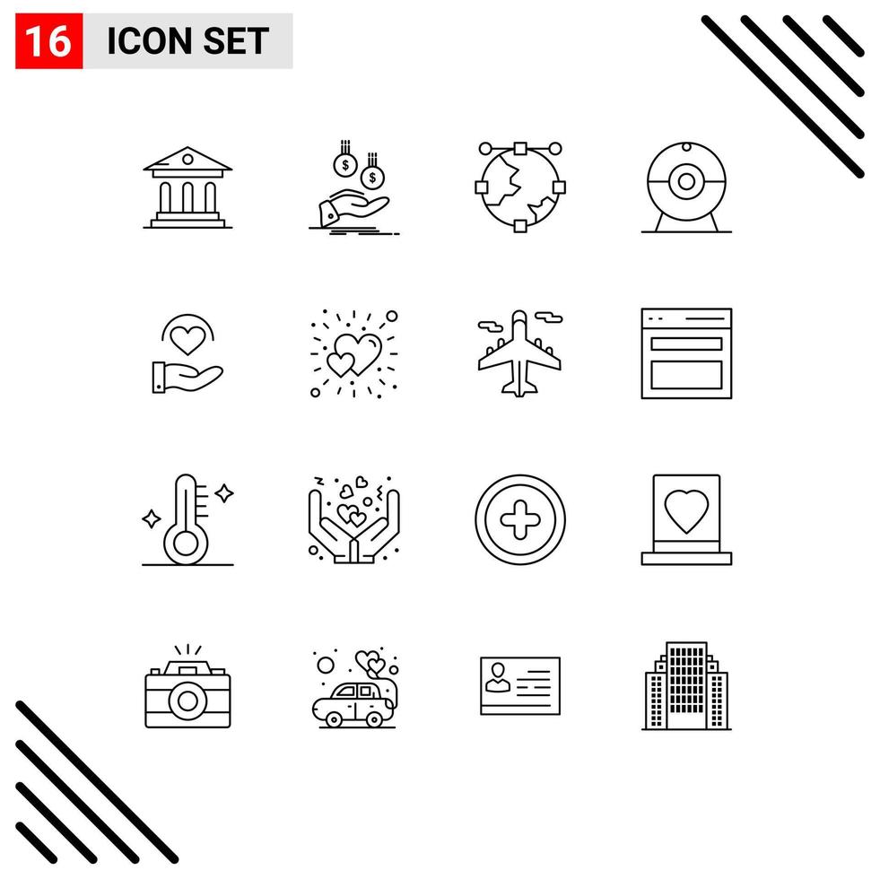 16 kreative Symbole moderne Zeichen und Symbole der medizinischen Kamera Geld Cam Globus editierbare Vektordesign-Elemente vektor