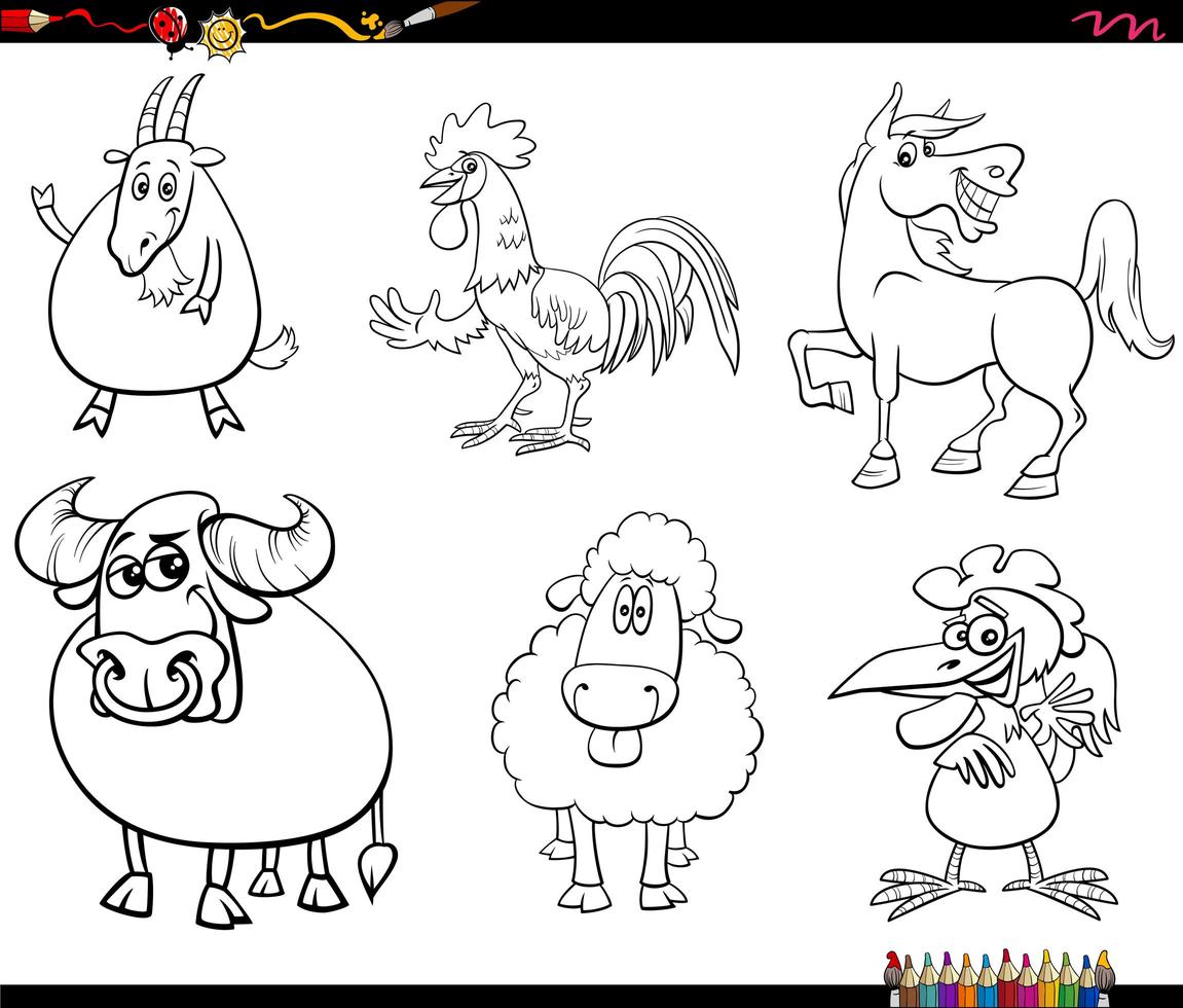 Cartoon Farm Animal Charaktere Set Malbuch Seite vektor