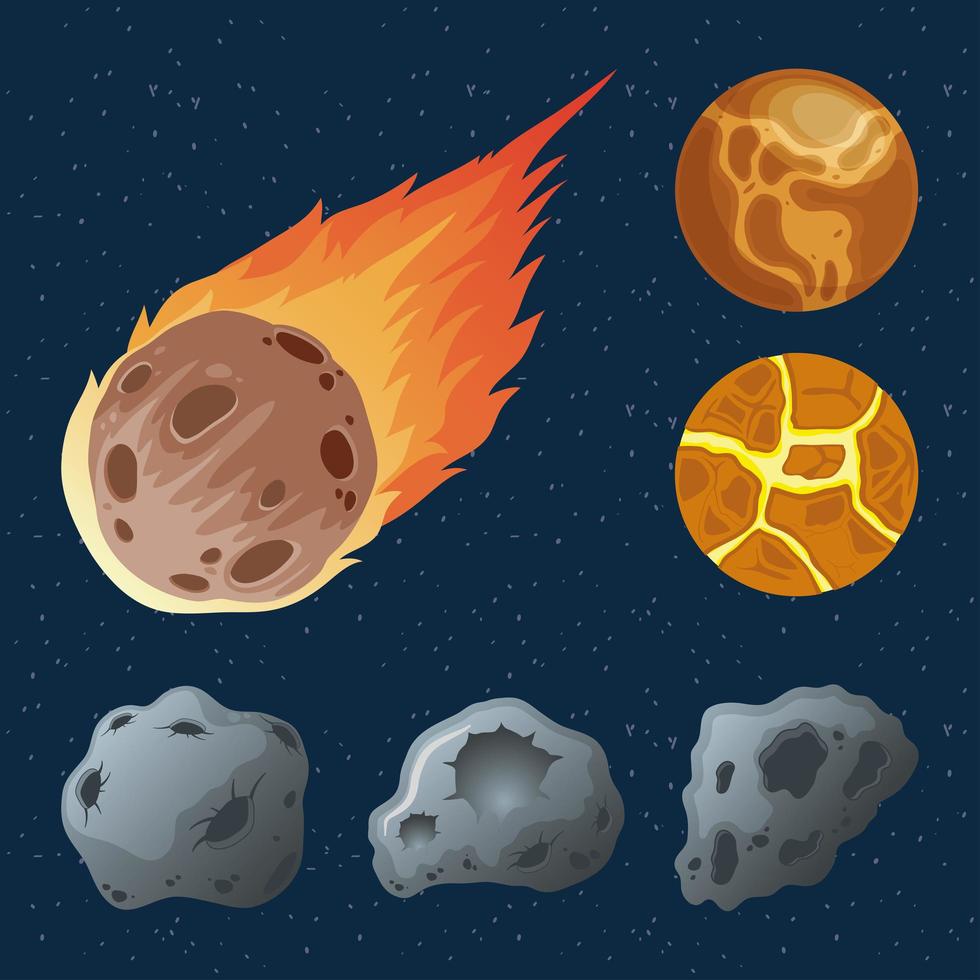 asteroider med planeter och meteorit i brand ikoner vektor