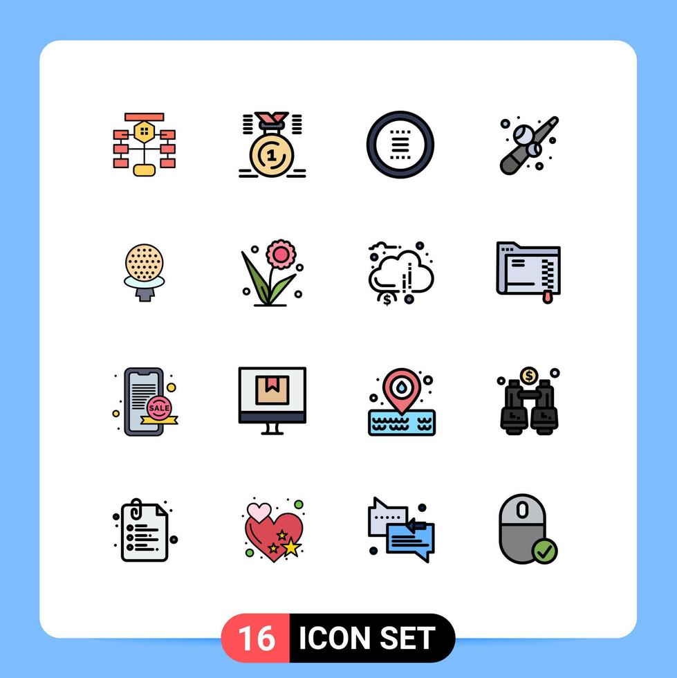 moderner Satz von 16 flachen, farbgefüllten Linien und Symbolen wie Spiel, Billard, erste Navigation, Hamburger, editierbare, kreative Vektordesign-Elemente vektor