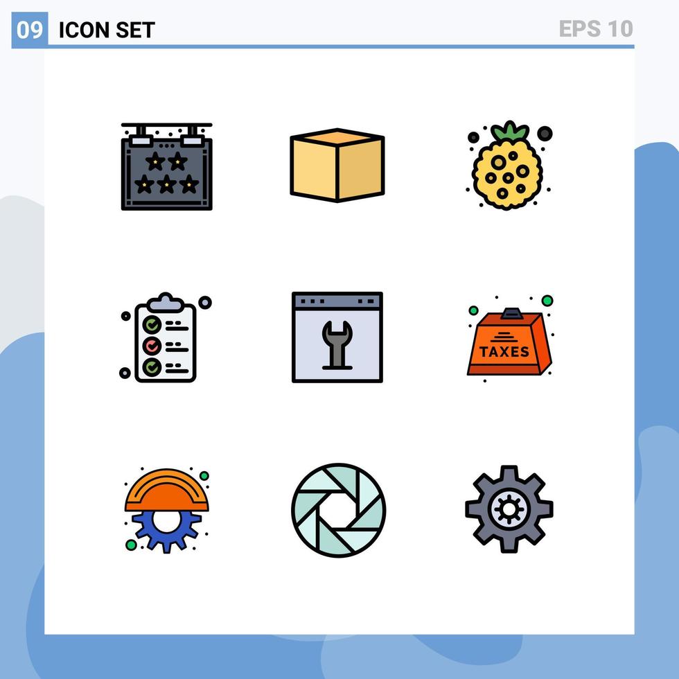 moderner Satz von 9 gefüllten flachen Farben und Symbolen wie bearbeitbare Vektordesign-Elemente für Schnittstellenbrowser-Lebensmittelmarkendokumente vektor