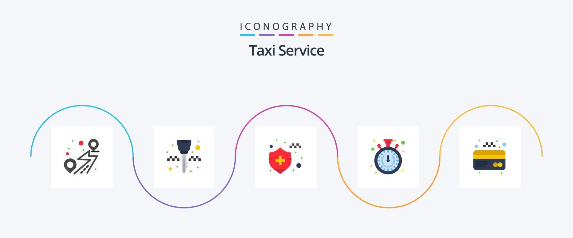 Taxi-Service Flat 5 Icon Pack inklusive. Karte. Autoversicherung. Geldautomat. Zeit vektor