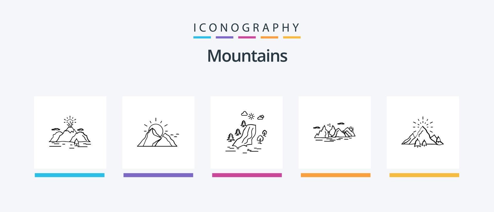 Berge Linie 5 Icon Pack inklusive Schmerz. Wasserfall. Berg. Sonne. Natur. kreatives Symboldesign vektor