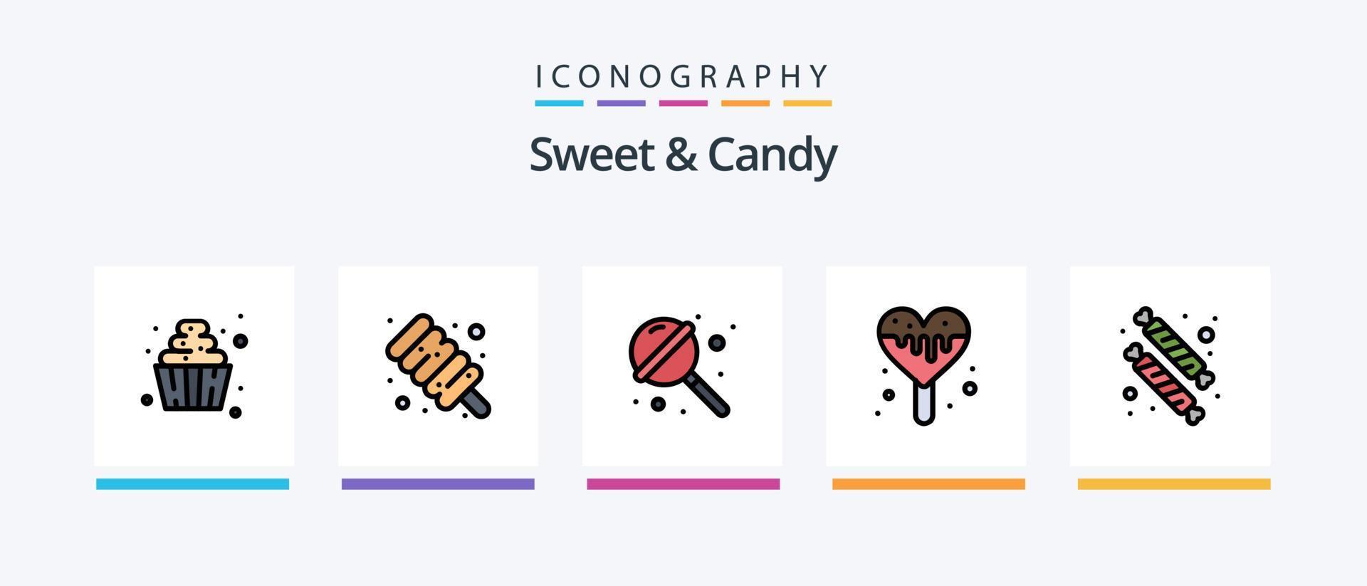 mit süßen und süßen Linien gefülltes 5-Icon-Pack inklusive Lollipop. Süßigkeiten. Süßigkeiten. Essen. Zuckerwatte. kreatives Symboldesign vektor