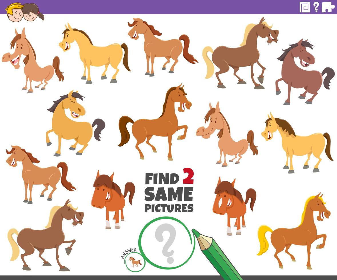 hitta två samma hästar pedagogiska spel för barn vektor