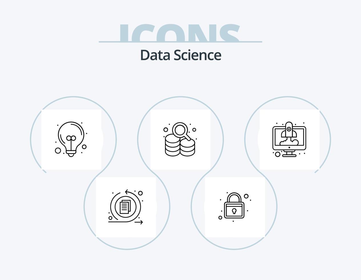 data vetenskap linje ikon packa 5 ikon design. data lagring. bearbetning. server. cirkel. raket vektor