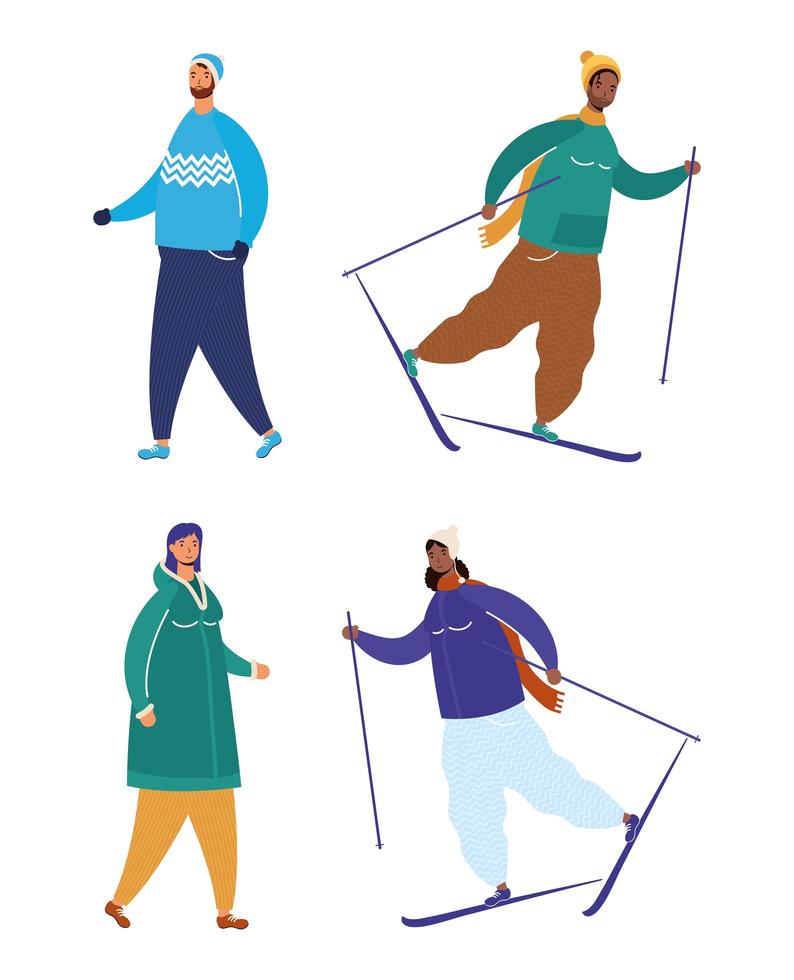 Interracial Menschen tragen Winterkleidung und Skifahren vektor