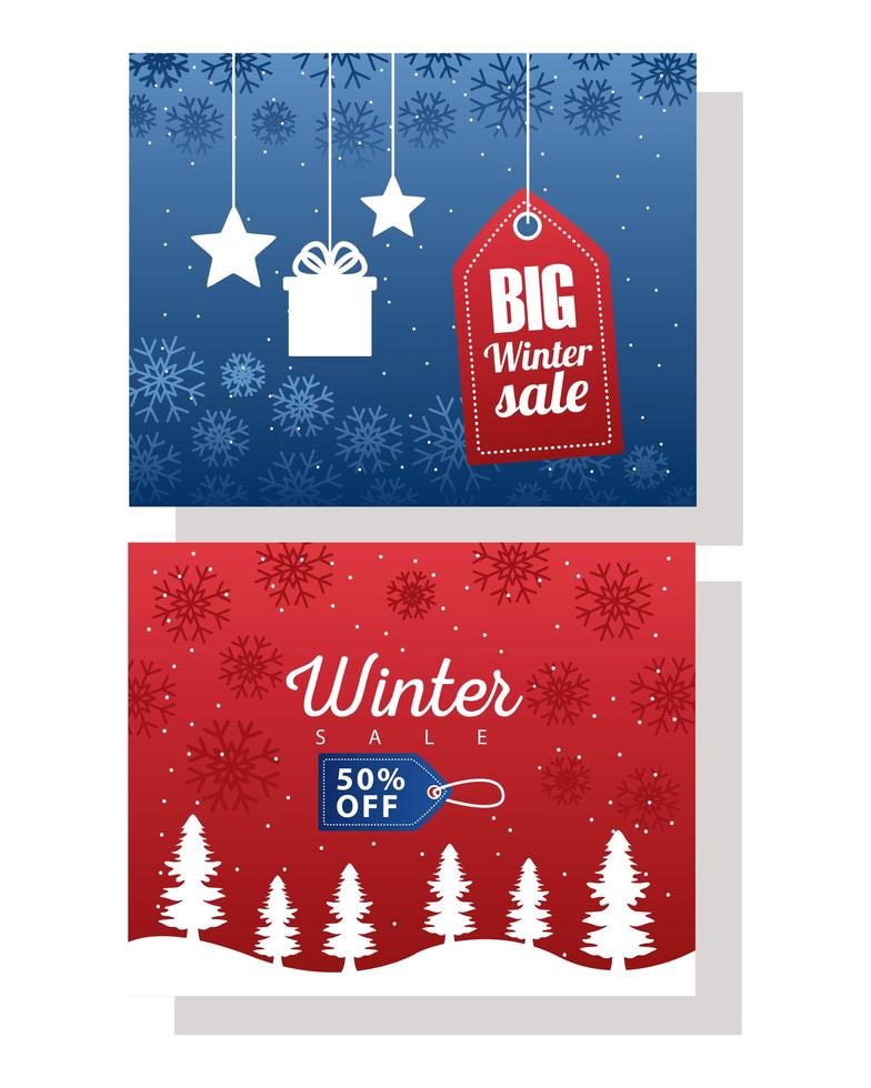 großes Winterverkaufsplakat mit hängenden blauen und roten Etiketten vektor