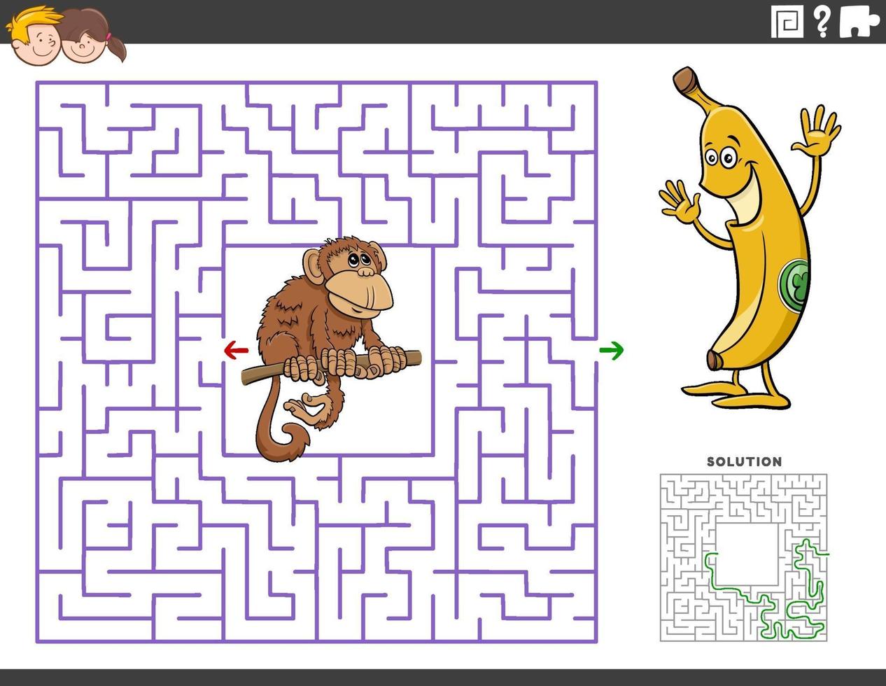 Labyrinth-Lernspiel mit lustigem Affen und Banane vektor