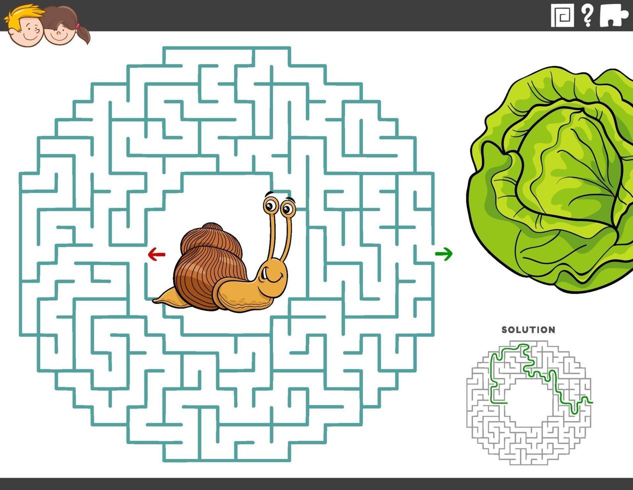 Labyrinth-Lernspiel mit lustiger Schnecke und Salat vektor