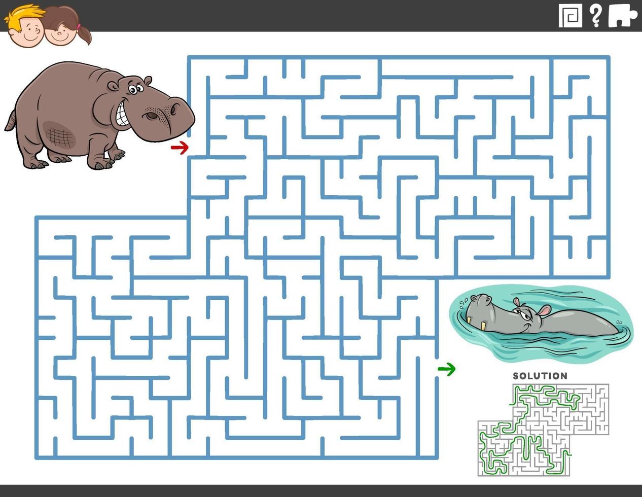 Labyrinth-Lernspiel mit lustigen Nilpferd-Tierfiguren vektor