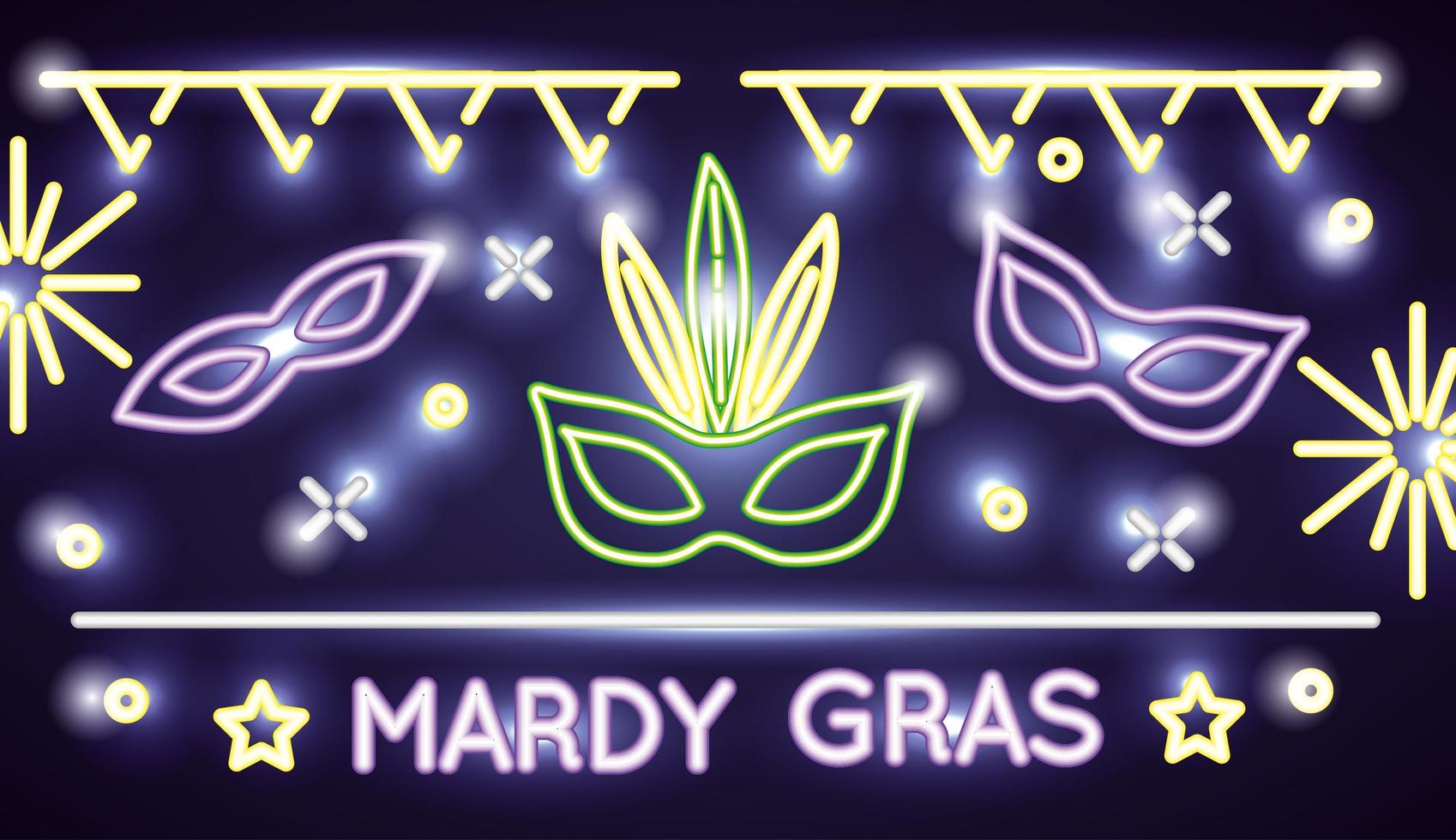 mardi gräs firande affisch med neonljus och masker vektor