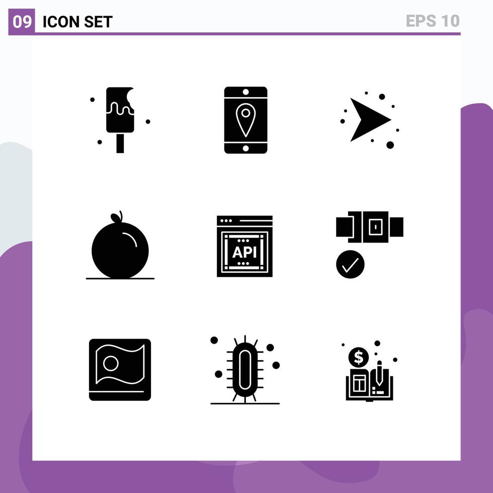 universelle Symbolsymbole Gruppe von 9 modernen soliden Glyphen des Software-API-Konzepts Richtung API orange editierbare Vektordesign-Elemente vektor