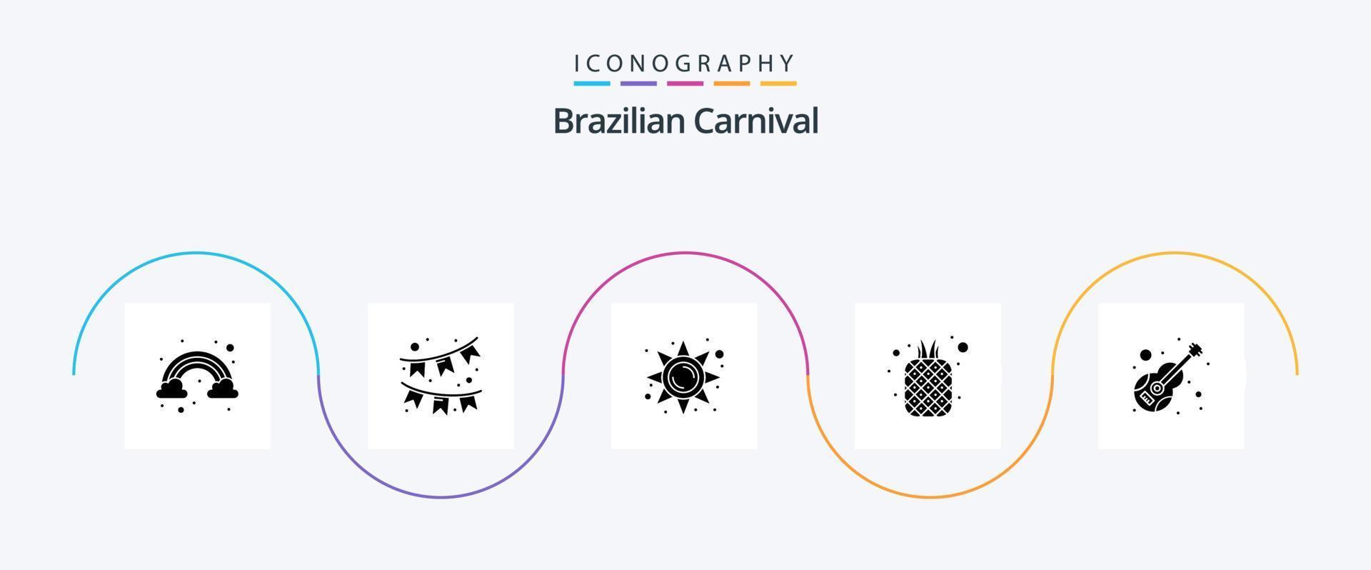 Brasilianischer Karneval Glyphe 5 Icon Pack inklusive Musik. Gitarre. Sonne. Ananas. Früchte vektor