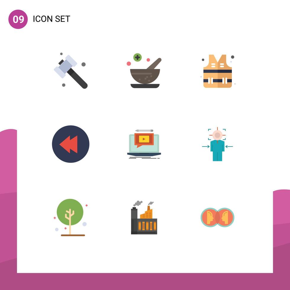 Gruppe von 9 flachen Farbzeichen und Symbolen für Fokus-Videopark-Tutorial-Player editierbare Vektordesign-Elemente vektor