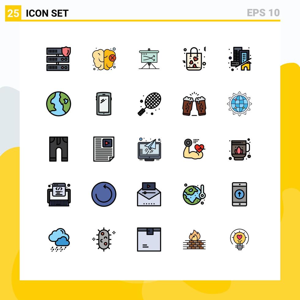 Stock Vector Icon Pack mit 25 Zeilenzeichen und Symbolen für Immobilieneinkaufsgeschäft Love Bag editierbare Vektordesign-Elemente