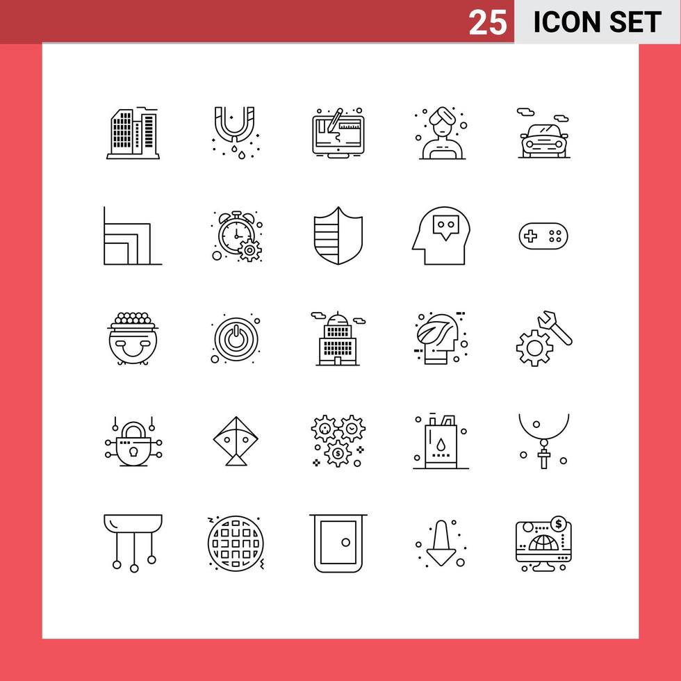 Stock Vector Icon Pack mit 25 Linienzeichen und Symbolen für den Transport Auto Computer Sauna Frau editierbare Vektordesign-Elemente