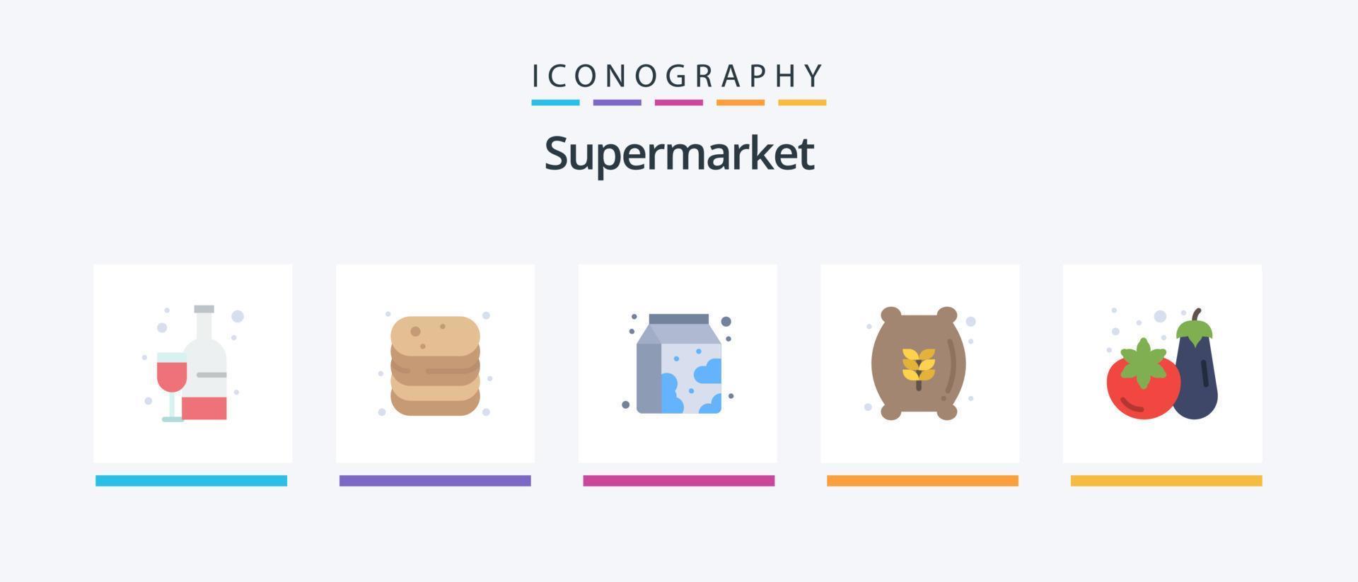 mataffär platt 5 ikon packa Inklusive handla. mjöl säck. affär. mjöl väska. mataffär. kreativ ikoner design vektor