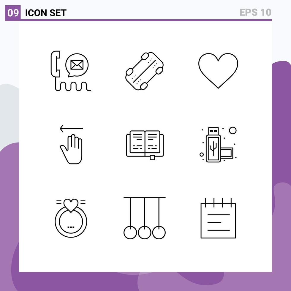 grupp av 9 konturer tecken och symboler för bok gester hjärta pil Rapportera redigerbar vektor design element