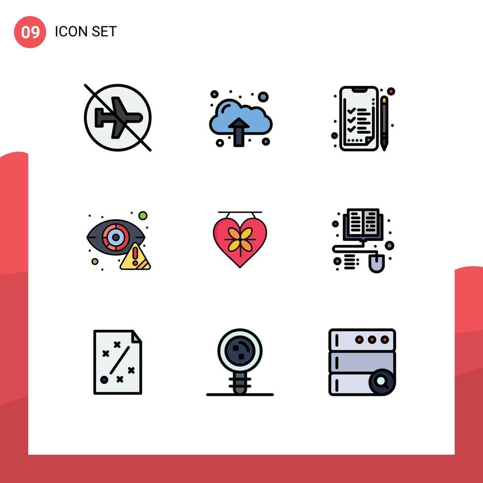 Satz von 9 Vektor-Fülllinien-Flachfarben auf Raster für Liebes-Internet-Analytik-Augen-Cyber-editierbare Vektordesign-Elemente vektor