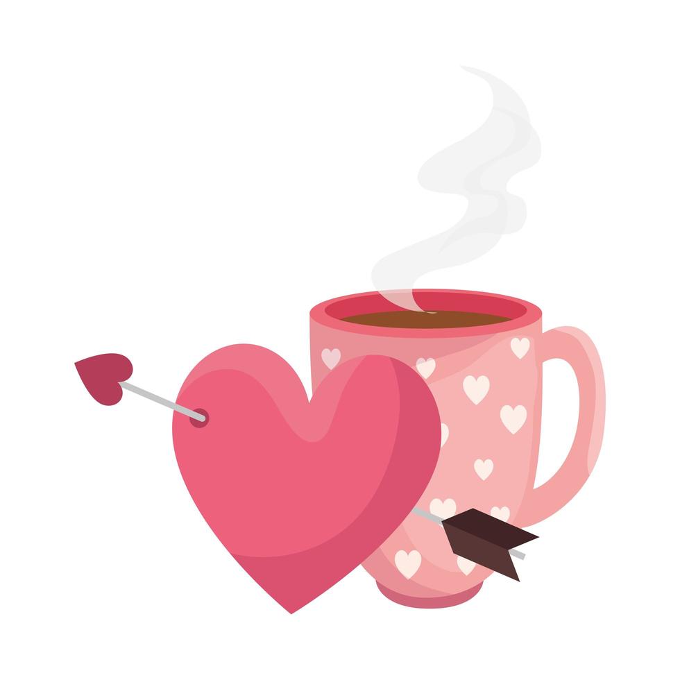 Tasse Kaffee und Herz mit Pfeil lokalisiertes Symbol vektor