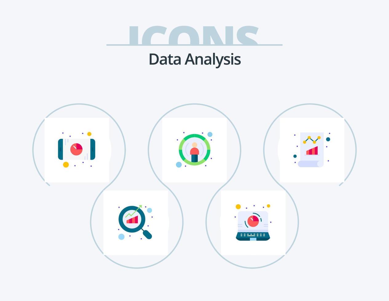 Datenanalyse flach Icon Pack 5 Icon Design. dokumentieren. Fokus. Analytik. Bericht. Kuchen vektor