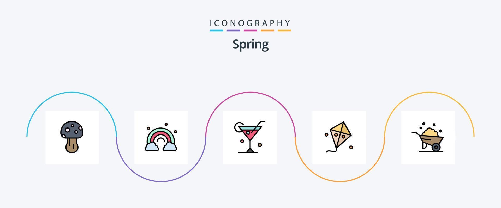 mit Federlinie gefülltes flaches 5-Icon-Paket einschließlich Konstruktion. Frühling. Glas. Drachen. Fliege vektor