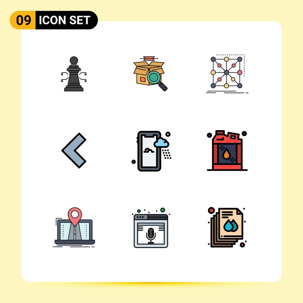 9 universell fylld linje platt Färg tecken symboler av regnig vänster data tillbaka komplex redigerbar vektor design element