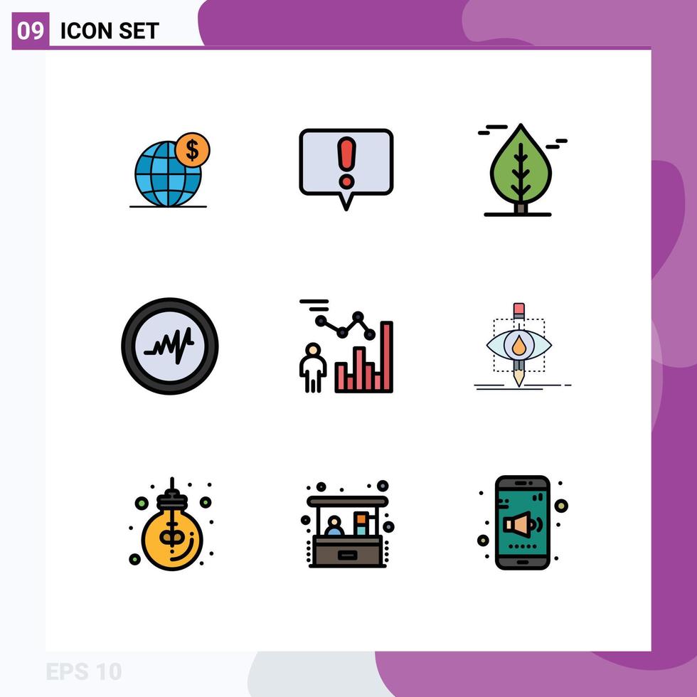 9 användare gränssnitt fylld linje platt Färg packa av modern tecken och symboler av person effektivitet blad data puls redigerbar vektor design element