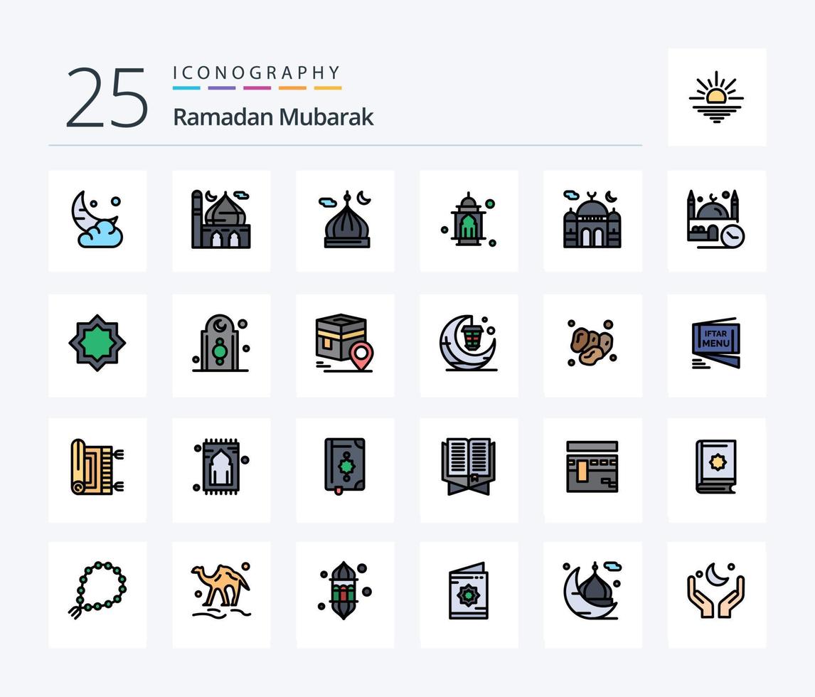 Ramadan 25 Zeilen gefülltes Icon Pack einschließlich Muslim. Kunst. Mond. Namaz. Masjid vektor