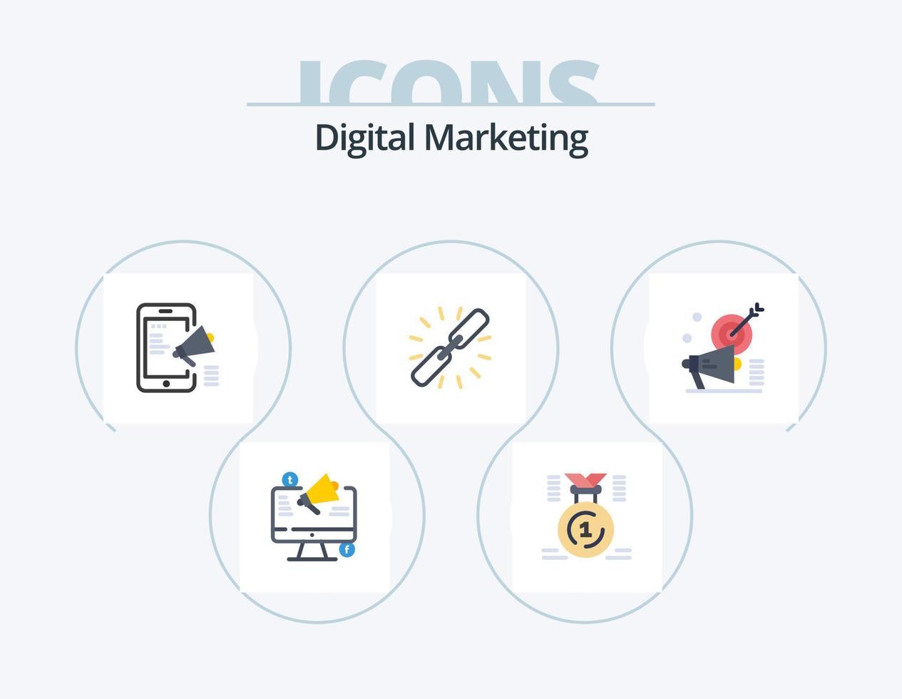 digitales Marketing flaches Icon Pack 5 Icon Design. Kette. Verknüpfung. Erste. mobile Werbung. Medien vektor