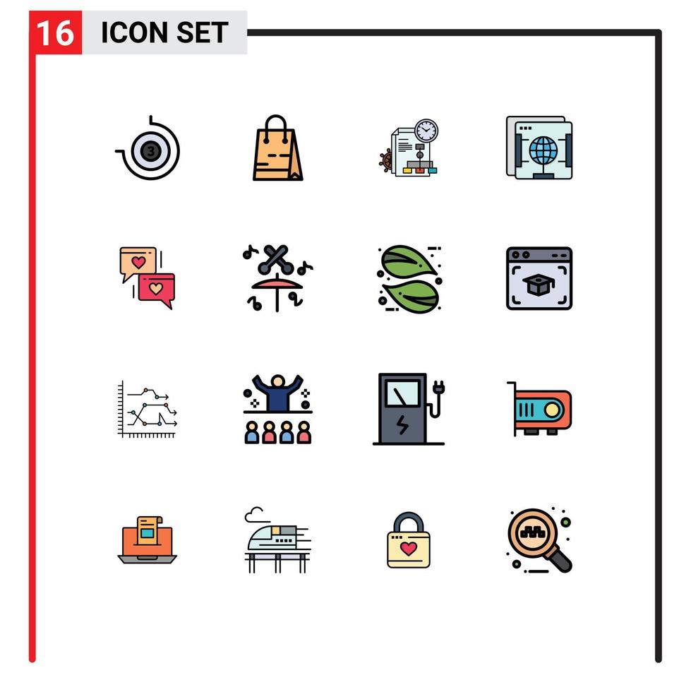 Piktogramm-Set aus 16 einfachen, flachen, farbgefüllten Linien aus Herz-Chat-Datei-Globus-Internet-editierbaren kreativen Vektordesign-Elementen vektor