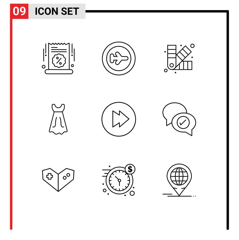 moderner Satz von 9 Umrissen und Symbolen wie bearbeitbare Vektordesignelemente für Multimedia-Hochzeitsreisemädchen-Chips vektor