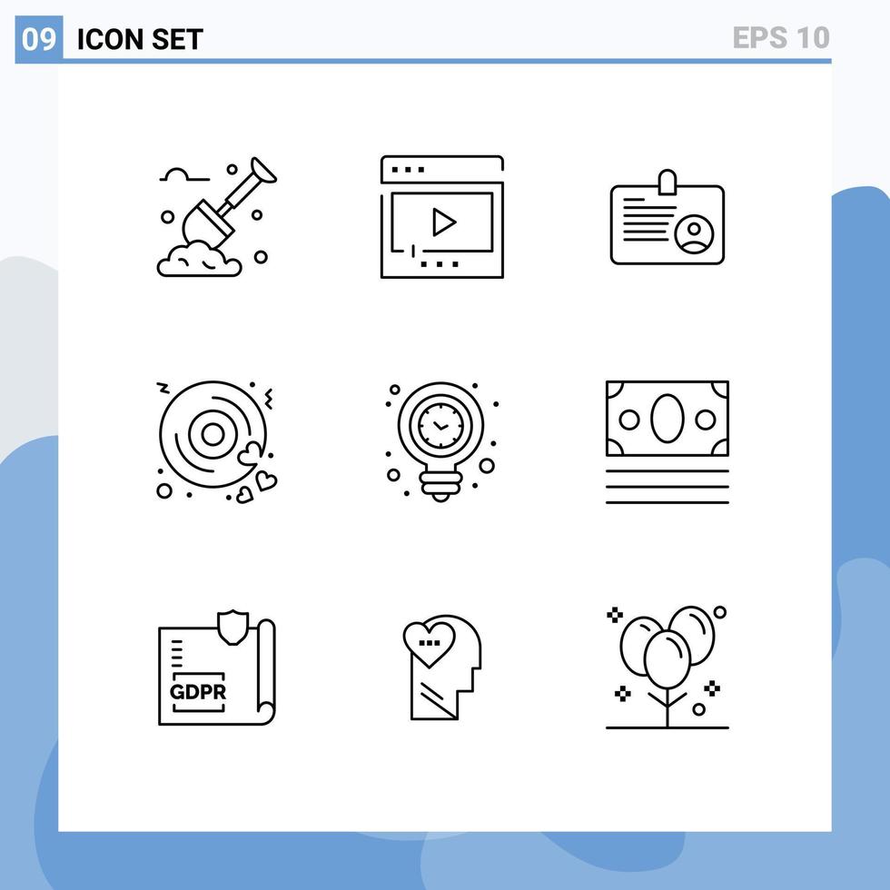 Stock Vector Icon Pack mit 9 Zeilen Zeichen und Symbolen für Uhr Liebesspiel Herz Mitarbeiter editierbare Vektordesign-Elemente