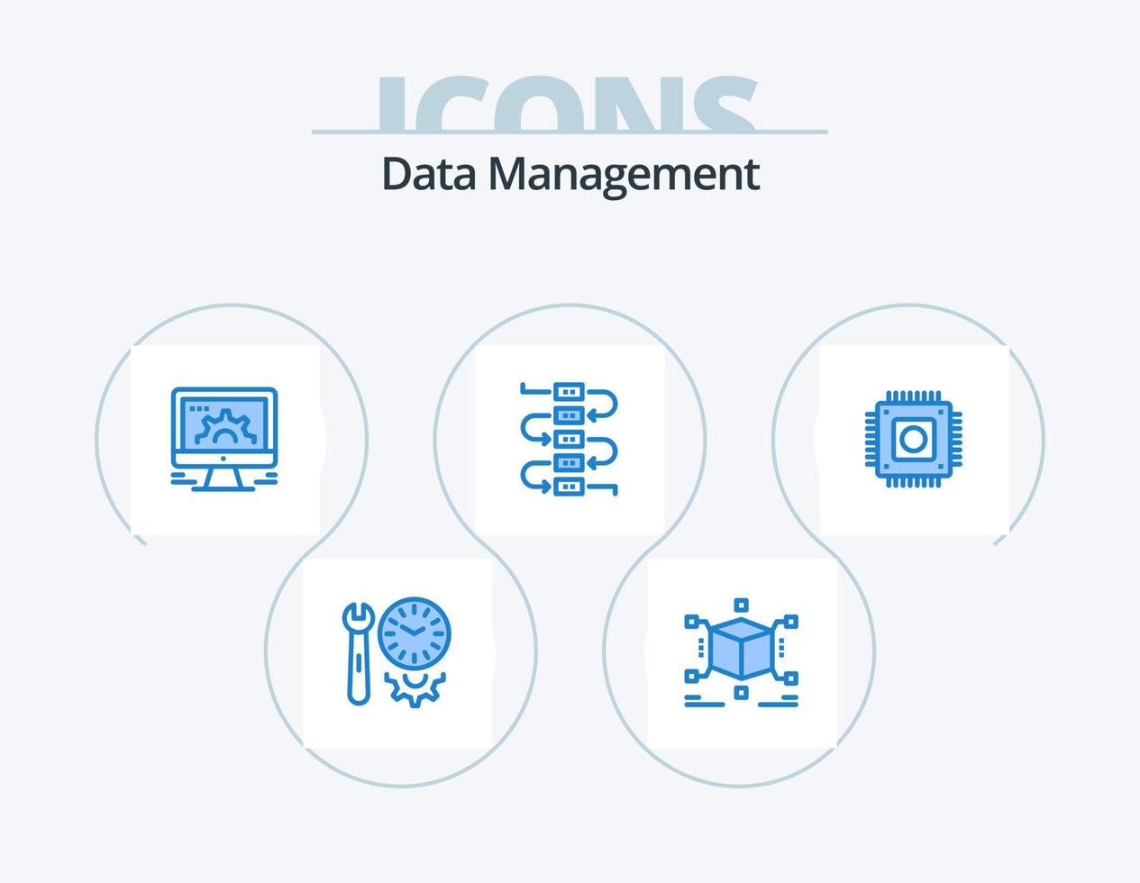 data förvaltning blå ikon packa 5 ikon design. chip. notera. låda. musik. social marknadsföra vektor