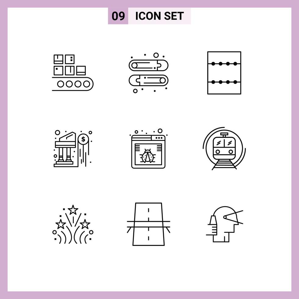 moderner Satz von 9 Umrissen Piktogramm von Web-Bug-Layout-Browser-Investitionen editierbare Vektordesign-Elemente vektor